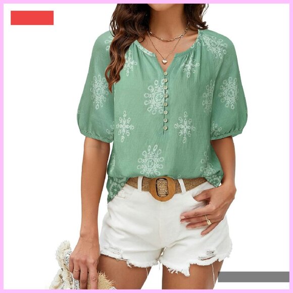 Floral Boho Button Down Shirt V-Neck Short Sleeve Blouse Casual Summer Top - Picture 3 of 4